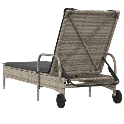 Lettino Prendisole con Ruote e Cuscino in Polyrattan Grigio - homemem39