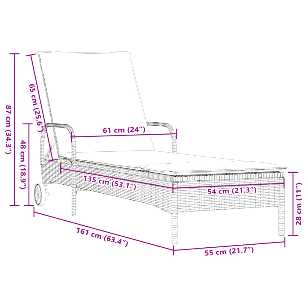 Lettino Prendisole con Ruote e Cuscino in Polyrattan Grigio - homemem39