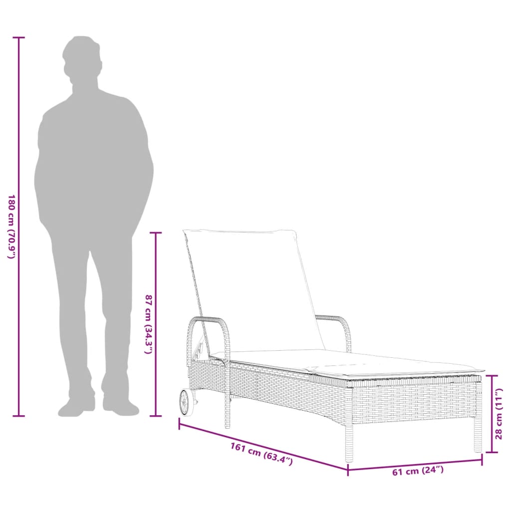 Lettino Prendisole con Ruote e Cuscino in Polyrattan Grigio - homemem39