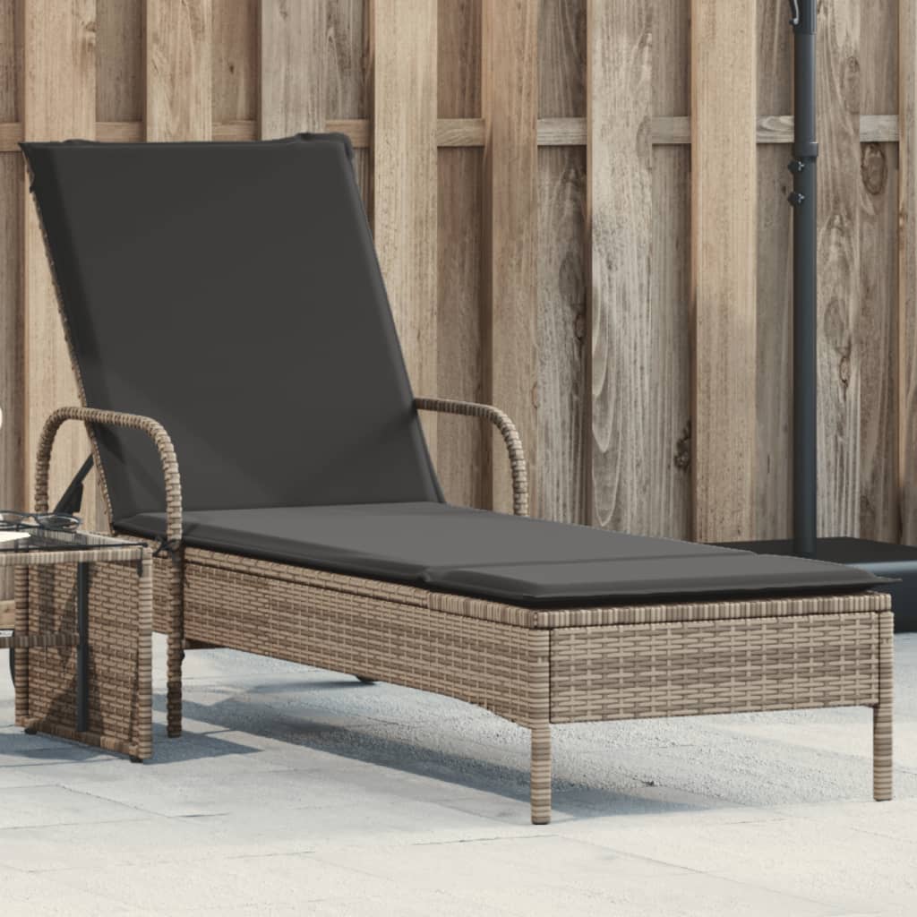 Lettino Prendisole con Ruote e Cuscino in Polyrattan Grigio - homemem39