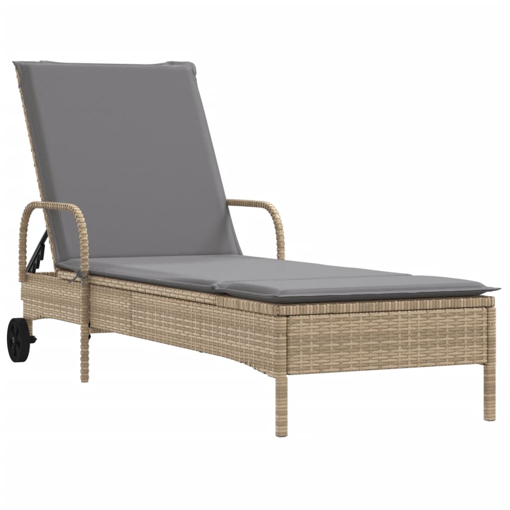 Lettino Prendisole con Ruote e Cuscino in Polyrattan Beige - homemem39