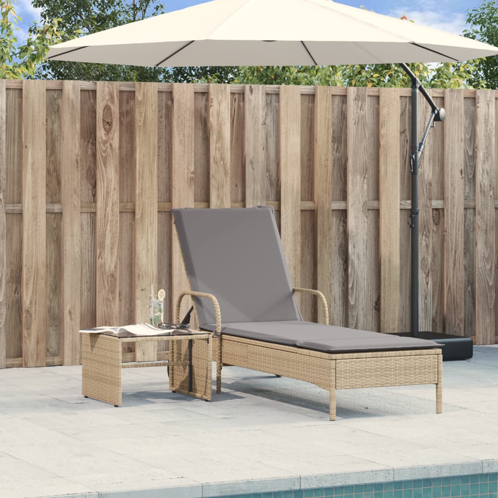 Lettino Prendisole con Ruote e Cuscino in Polyrattan Beige - homemem39