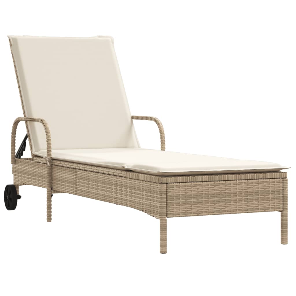 Lettino Prendisole con Ruote e Cuscino in Polyrattan Beige - homemem39