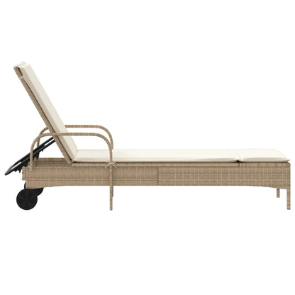 Lettino Prendisole con Ruote e Cuscino in Polyrattan Beige - homemem39