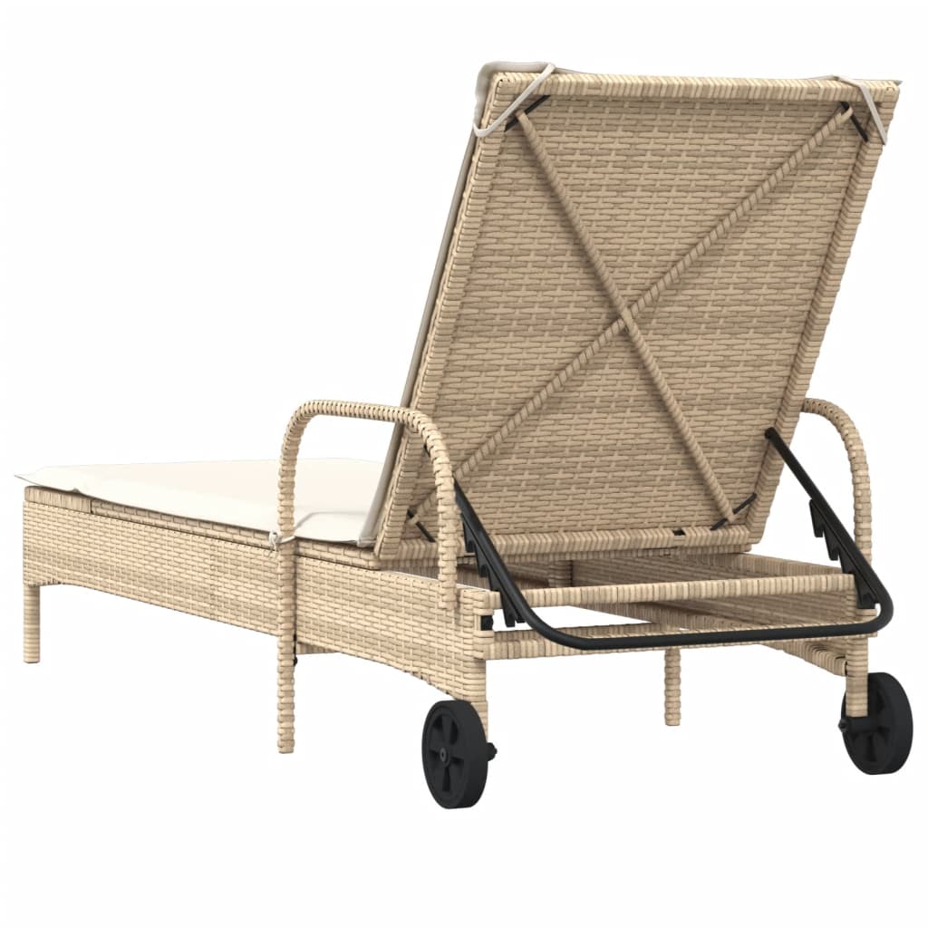 Lettino Prendisole con Ruote e Cuscino in Polyrattan Beige - homemem39