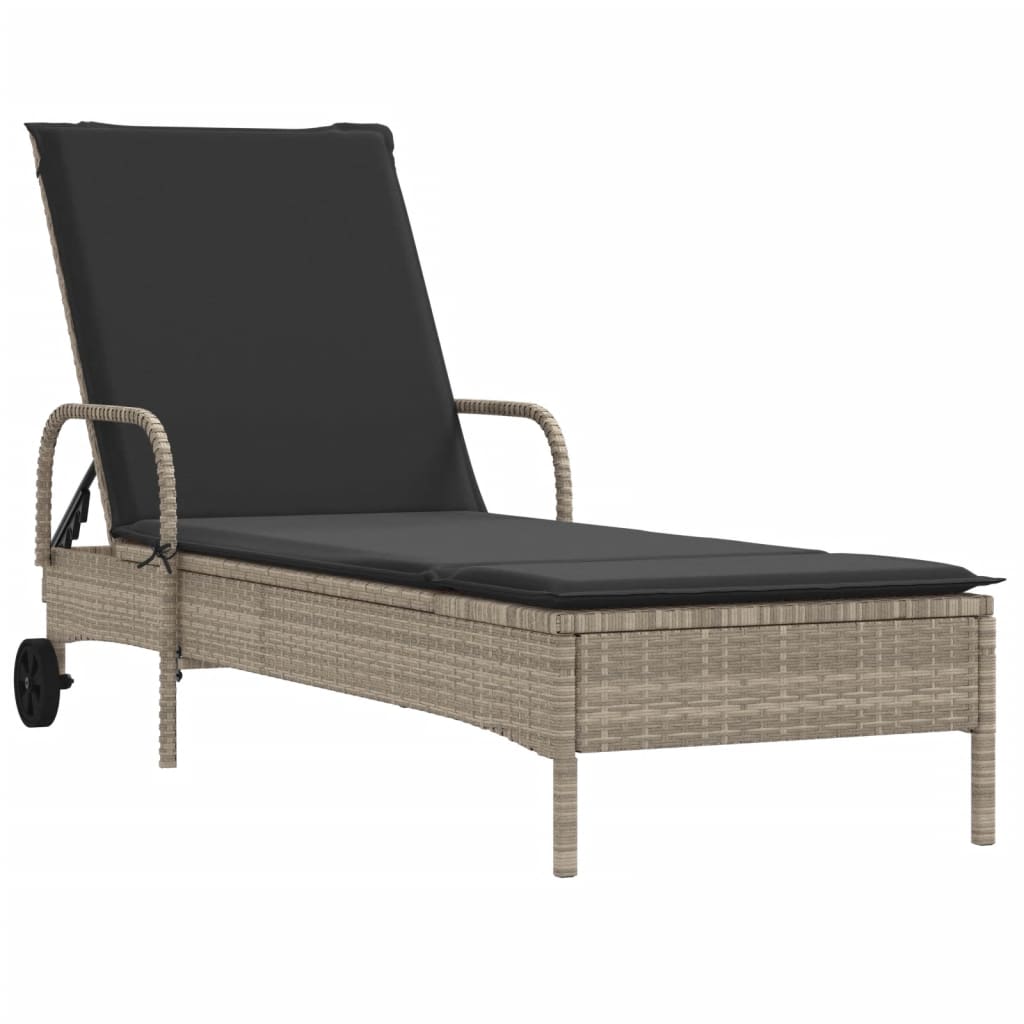 Lettino Prendisole con Ruote e Cuscino Polyrattan Grigio Chiaro - homemem39