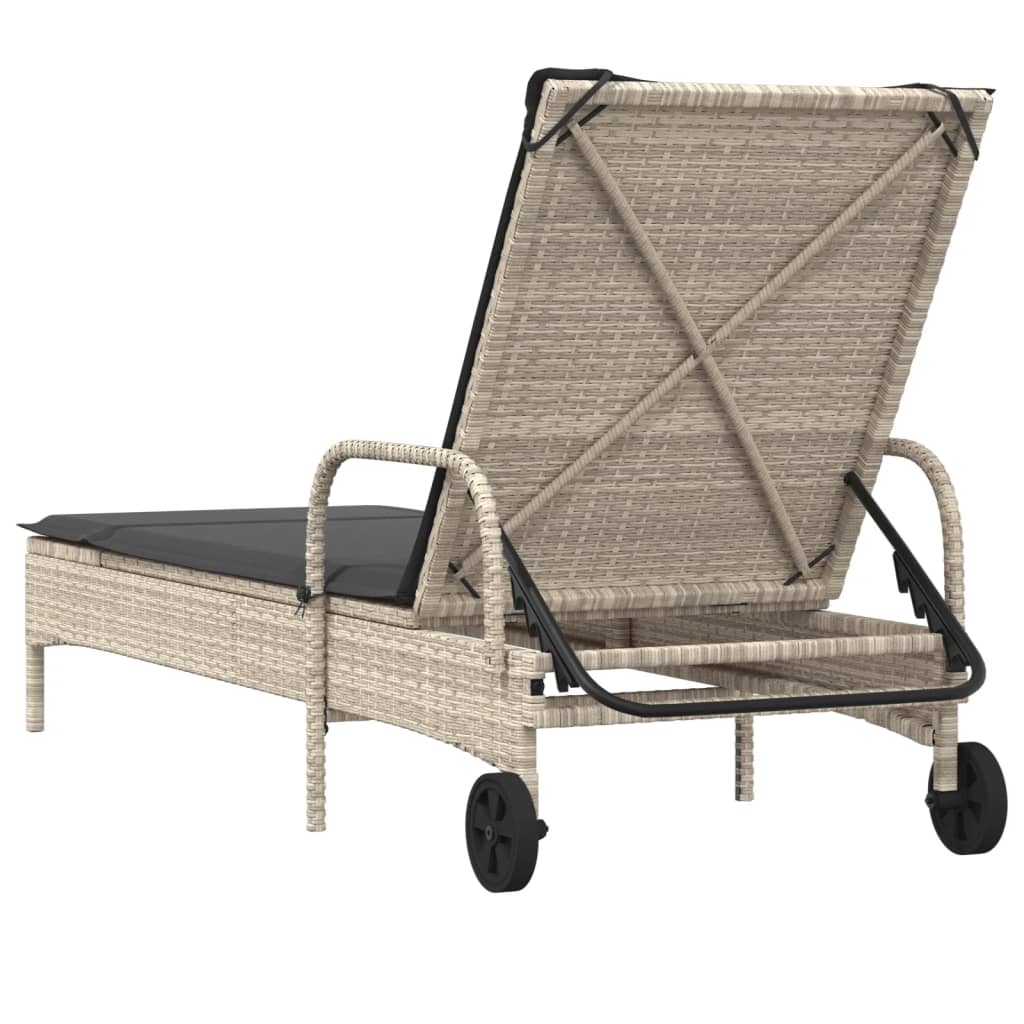 Lettino Prendisole con Ruote e Cuscino Polyrattan Grigio Chiaro - homemem39