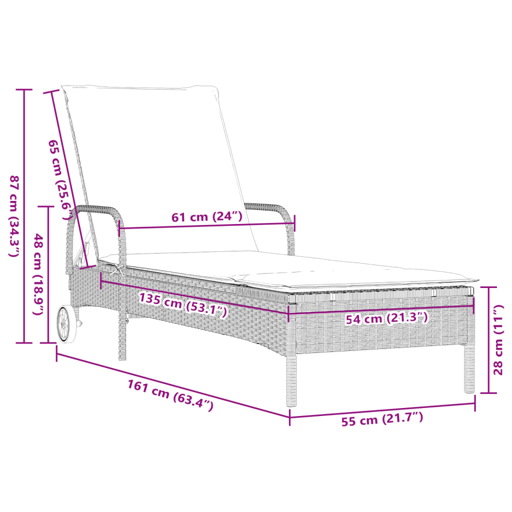 Lettino Prendisole con Ruote e Cuscino Polyrattan Grigio Chiaro - homemem39