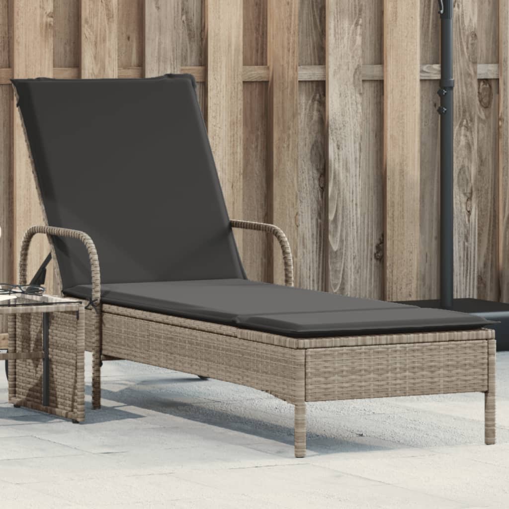 Lettino Prendisole con Ruote e Cuscino Polyrattan Grigio Chiaro - homemem39