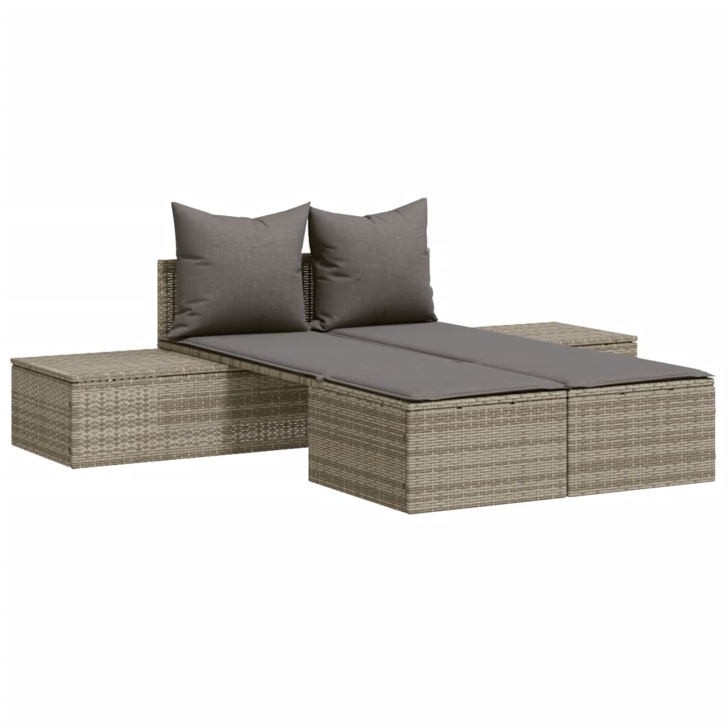 Lettino Prendisole Doppio con Cuscini Grigio in Polyrattan - homemem39