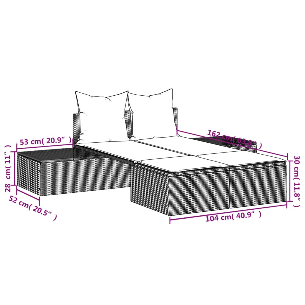 Lettino Prendisole Doppio con Cuscini Grigio in Polyrattan - homemem39