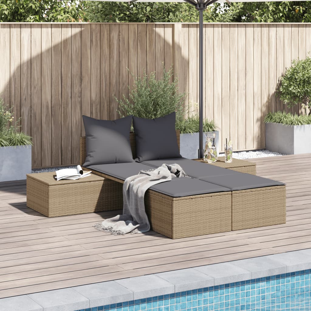 Lettino Prendisole con Cuscini Beige in Polyrattan