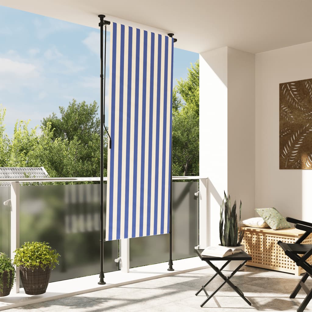 Tenda a Rullo Esterno Blu e Bianca 100x270cm Tessuto e Acciaio - homemem39