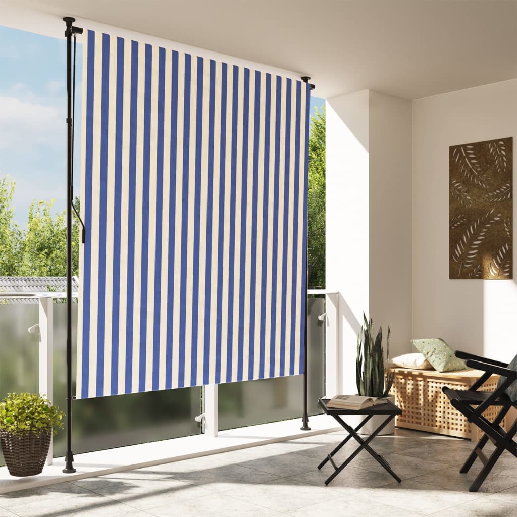 Tenda a Rullo Esterno Blu e Bianca 150x270cm Tessuto e Acciaio - homemem39