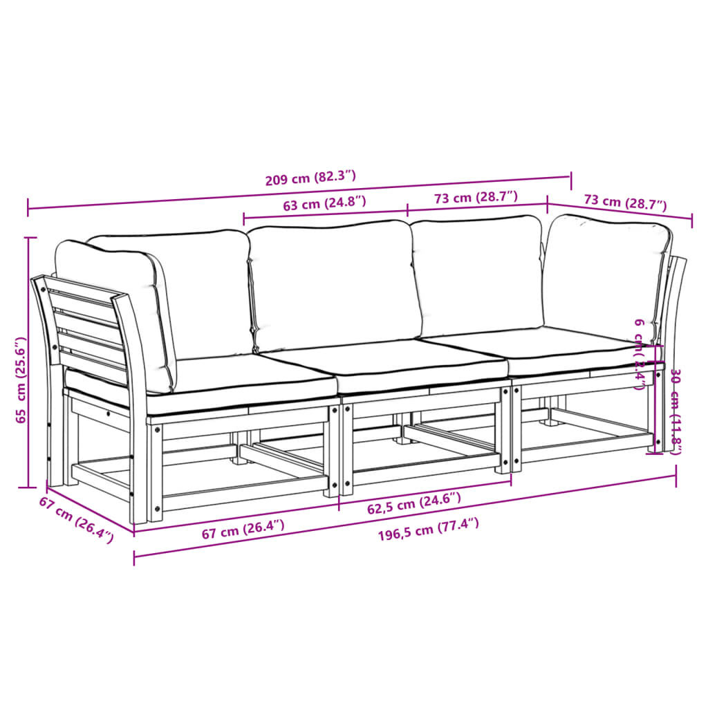 Set Mobili da Giardino 3pz con Cuscini Legno Massello di Acacia - homemem39