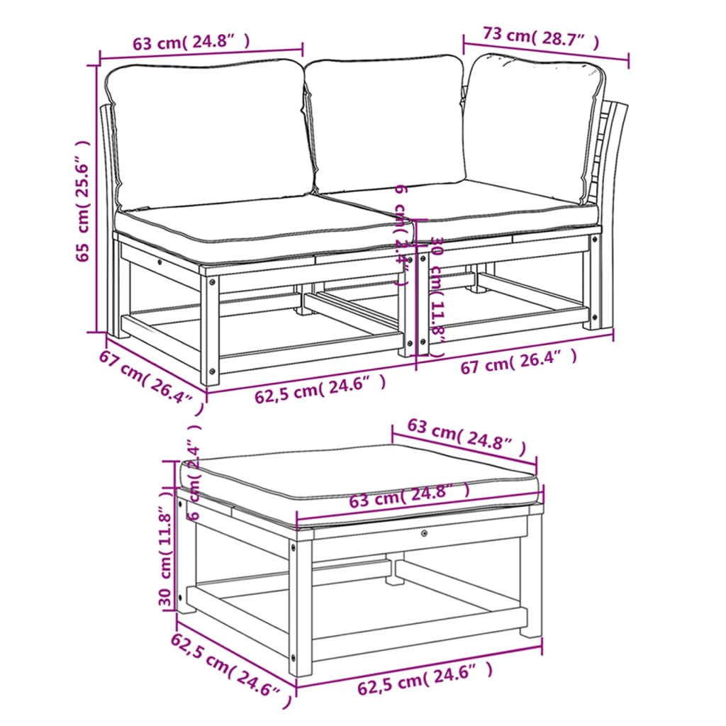 Set Mobili da Giardino 3pz con Cuscini Legno Massello di Acacia - homemem39