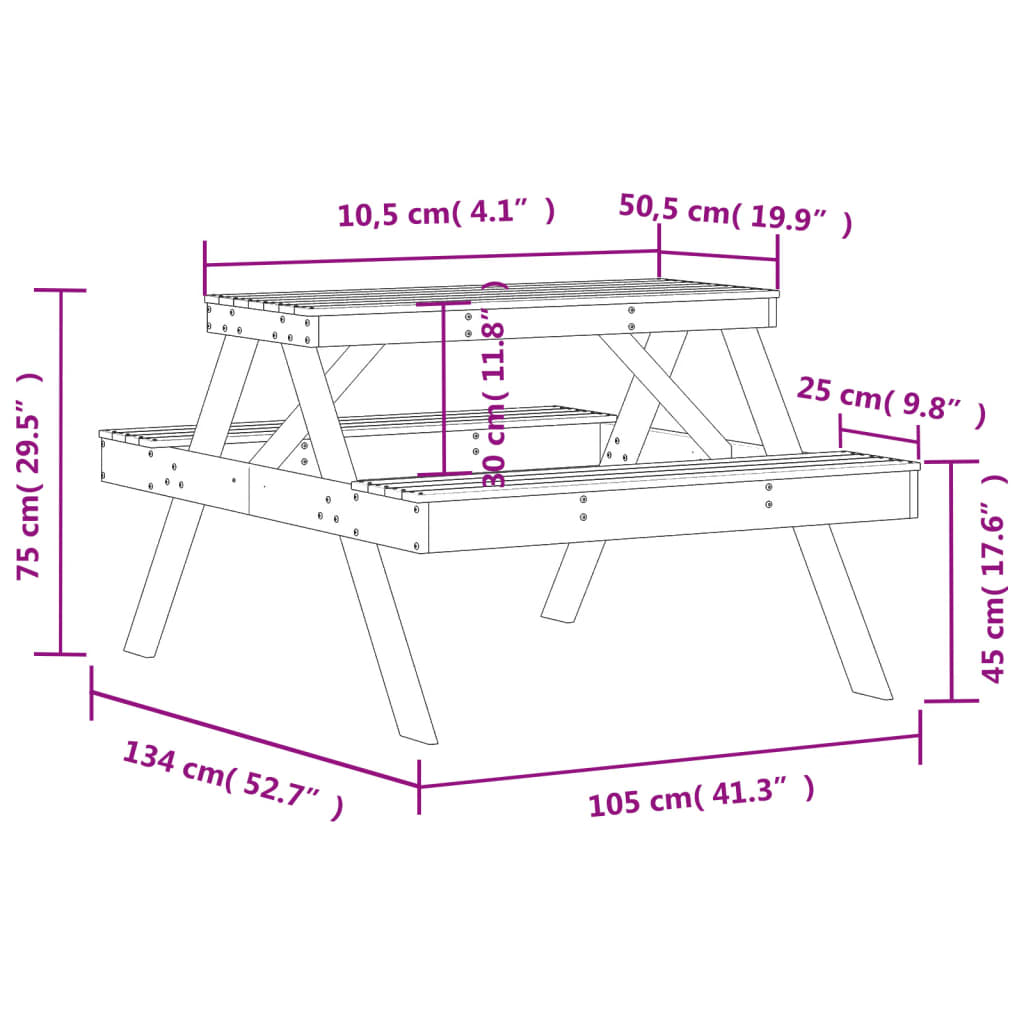 Tavolo da Picnic 105x134x75 cm in Legno Massello di Pino - homemem39