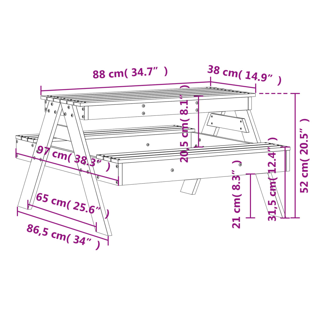 Tavolo da Picnic per Bambini 88x97x52 cm Legno Massello di Pino - homemem39