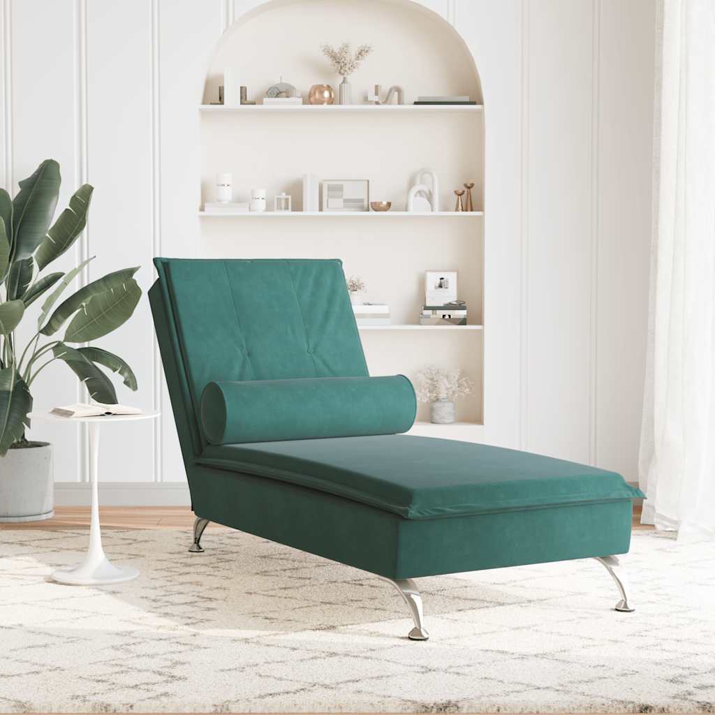 Chaise Longue Massaggi con Capezzale Verde Scuro in Velluto