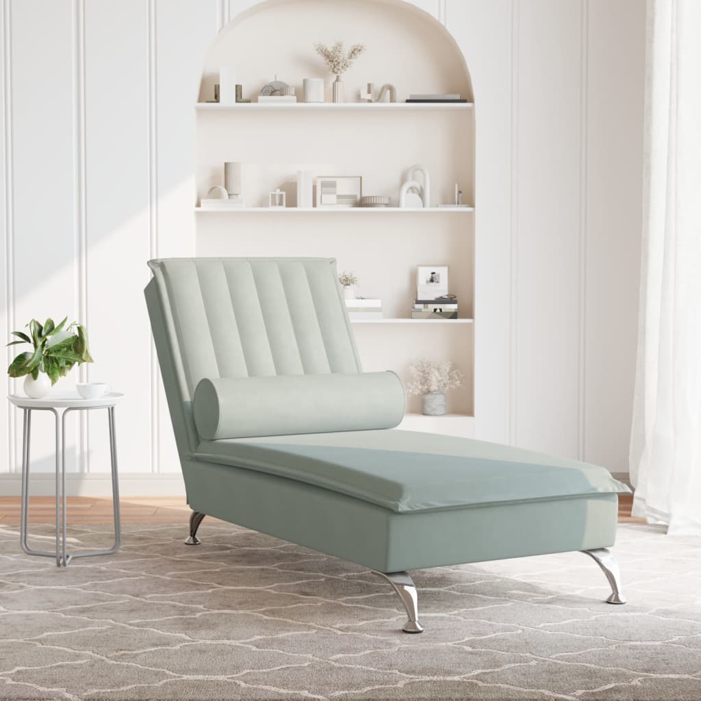 Chaise Longue Massaggi Cuscino a Rullo Grigio Chiaro in Velluto