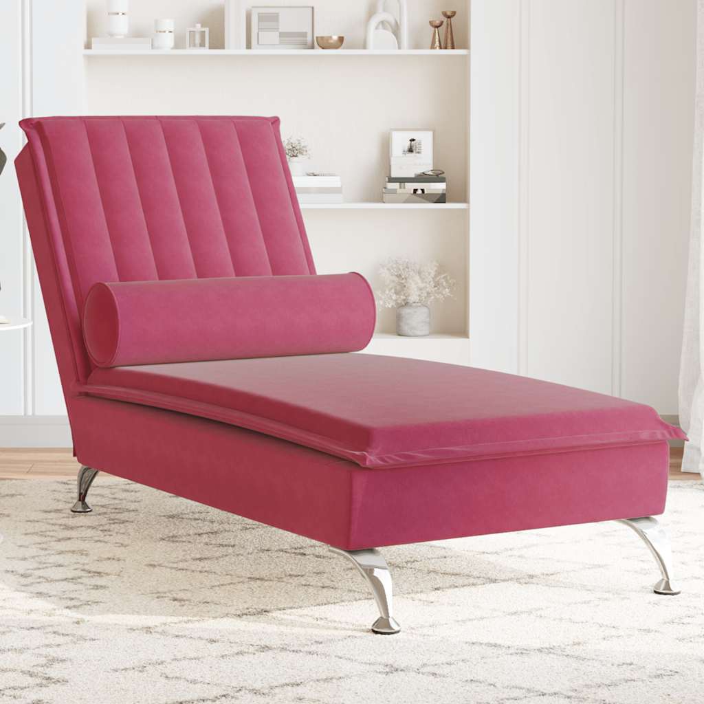 Chaise Longue Massaggi con Cuscino a Rullo Rosso Vino Velluto - homemem39