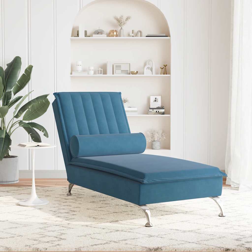 Chaise Longue Massaggi con Cuscino a Rullo Blu in Velluto