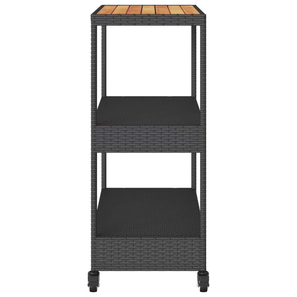 Carrello da Bar 3 Livelli Nero in Polyrattan e Legno Acacia - homemem39