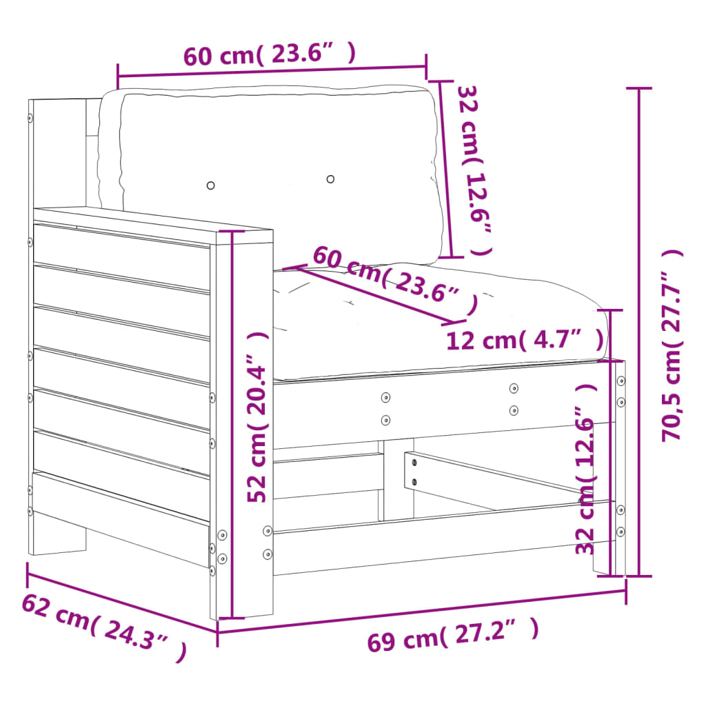 Gartensofa ohne Armlehnen mit Kissen aus massivem Kiefernholz