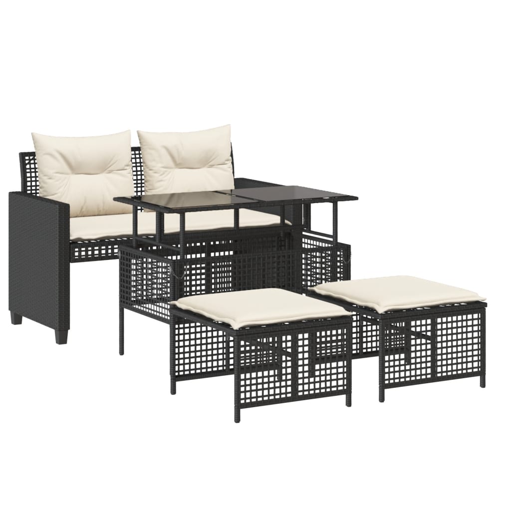 Set Divani da Giardino 4 pz con Cuscini Nero Polyrattan Vetro - homemem39