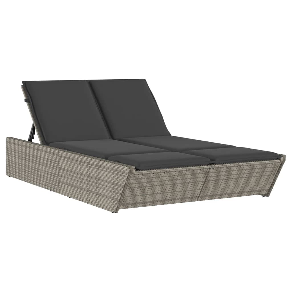 Lettino Prendisole Doppio con Cuscini Grigio in Polyrattan - homemem39