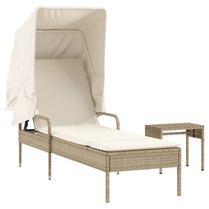 Lettino Prendisole con Baldacchino e Tavolino Beige Polyrattan