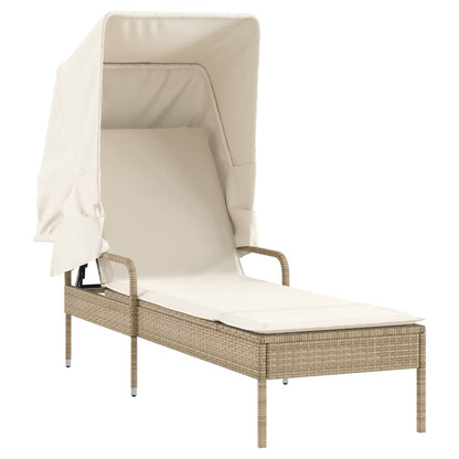 Sun Lounger with Canopy and Beige Polyrattan Table