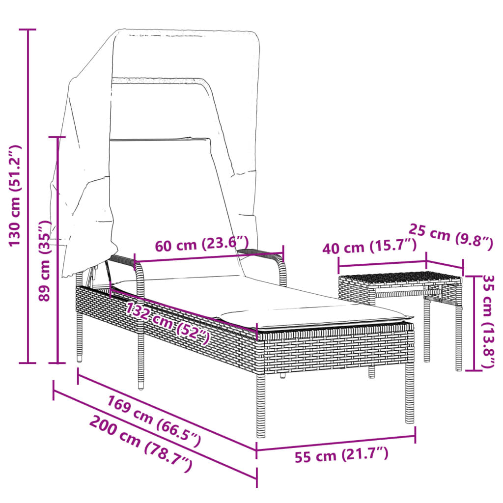 Sun Lounger with Canopy and Beige Polyrattan Table