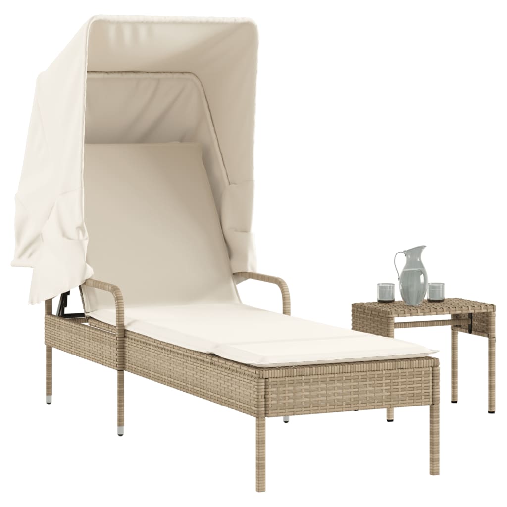 Lettino Prendisole con Baldacchino e Tavolino Beige Polyrattan