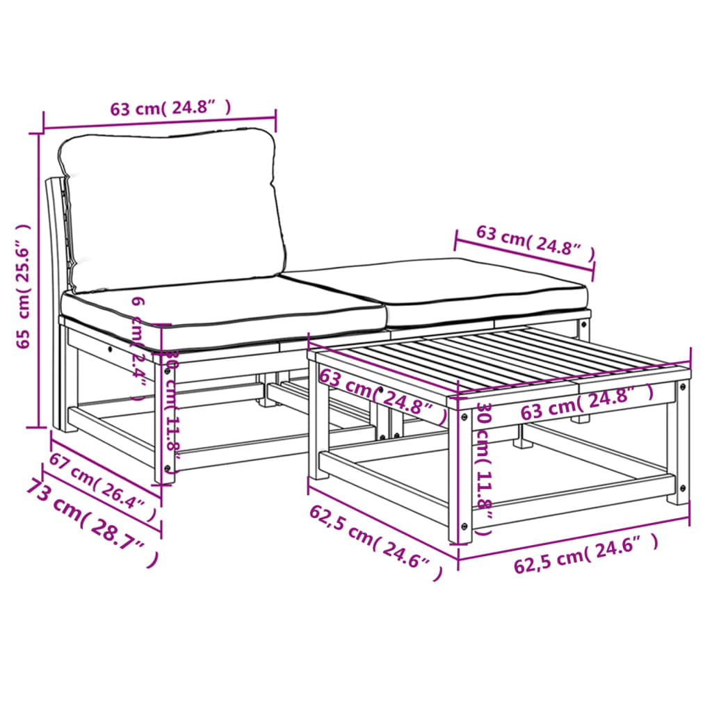 Set Mobili da Giardino 3pz con Cuscini Legno Massello di Acacia - homemem39