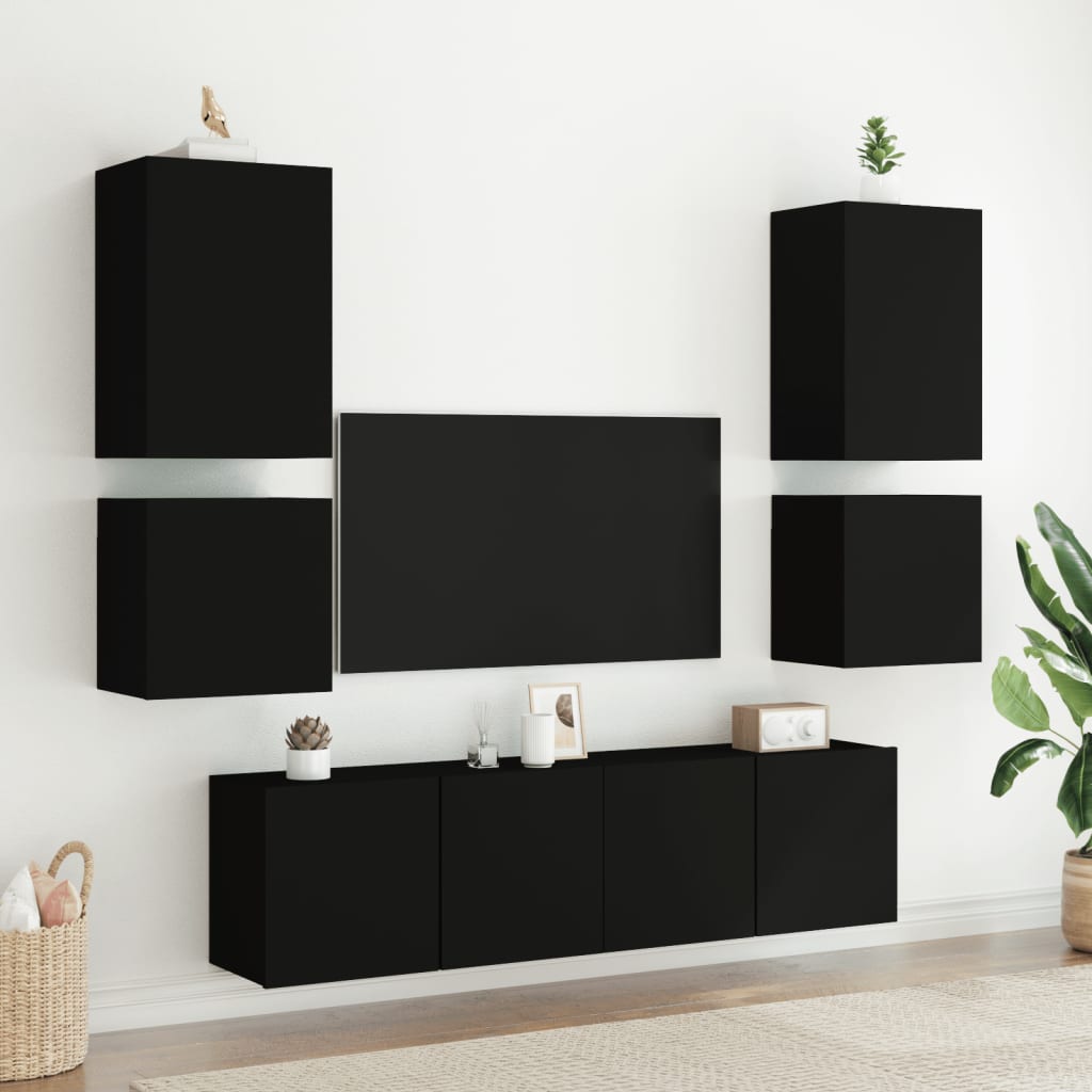 Mobili TV a Muro 6pz Neri in Legno Multistrato - homemem39