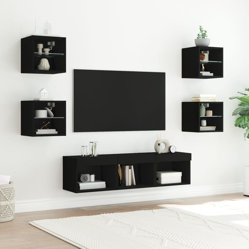 Mobili TV a Muro con LED 7pz Neri in Legno Multistrato - homemem39