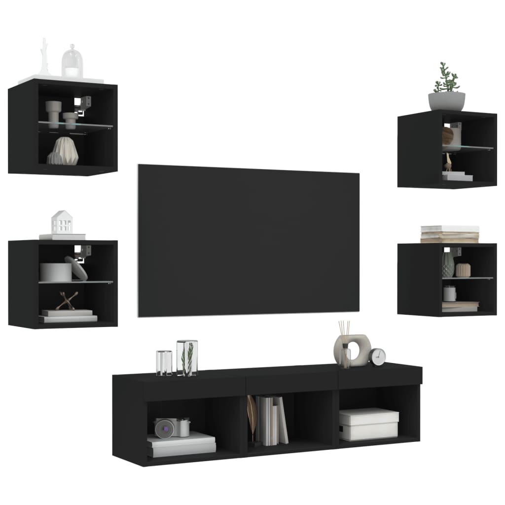 Mobili TV a Muro con LED 7pz Neri in Legno Multistrato - homemem39