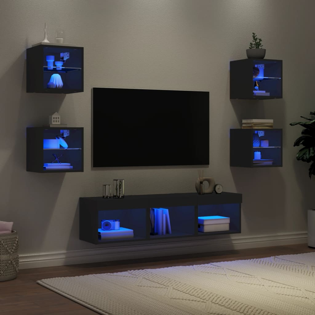 Mobili TV a Muro con LED 7pz Neri in Legno Multistrato - homemem39