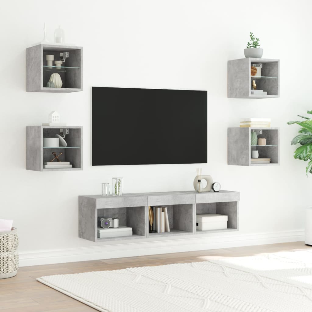 Mobili TV a Muro con LED 7pz Grigio Cemento Legno Multistrato - homemem39