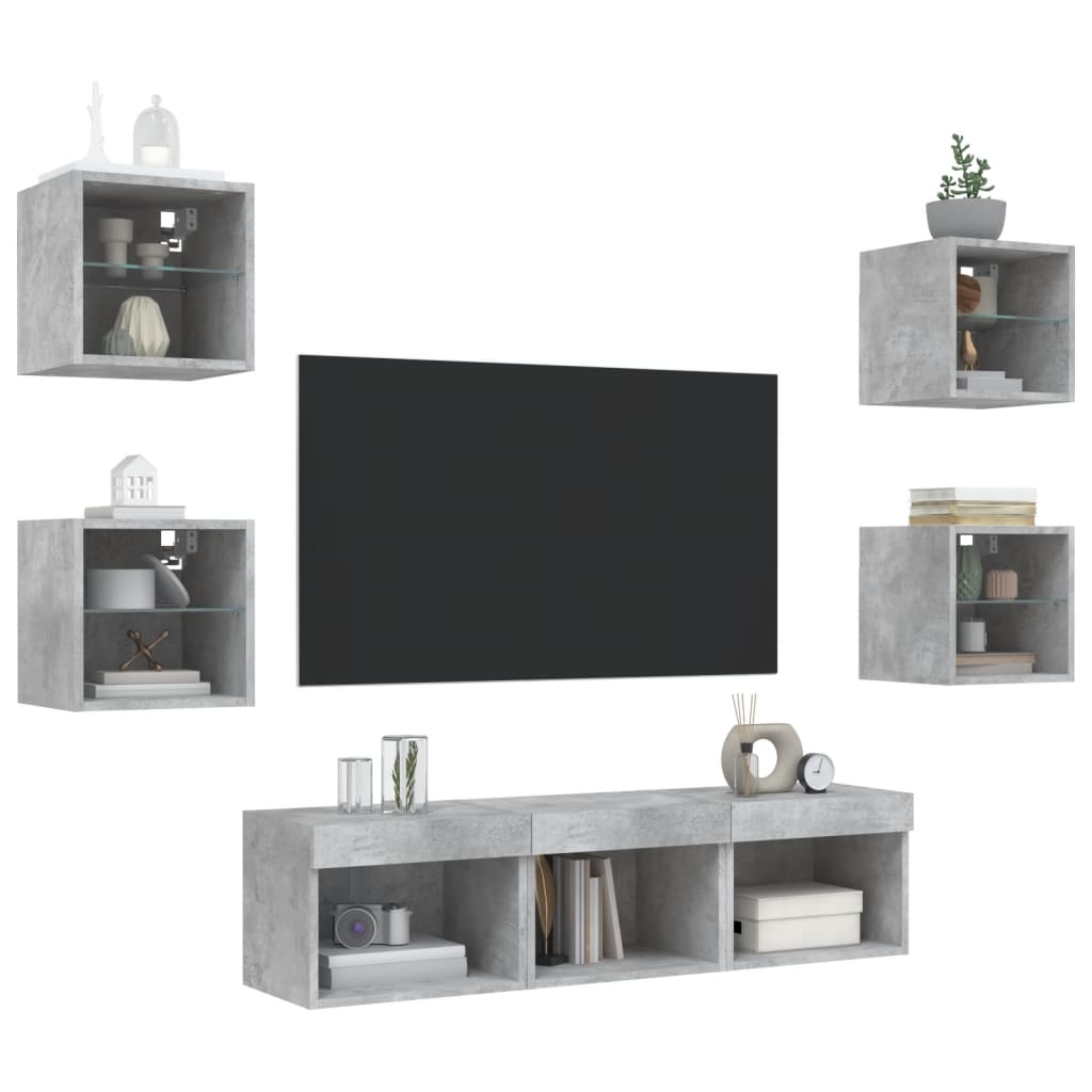 Mobili TV a Muro con LED 7pz Grigio Cemento Legno Multistrato - homemem39