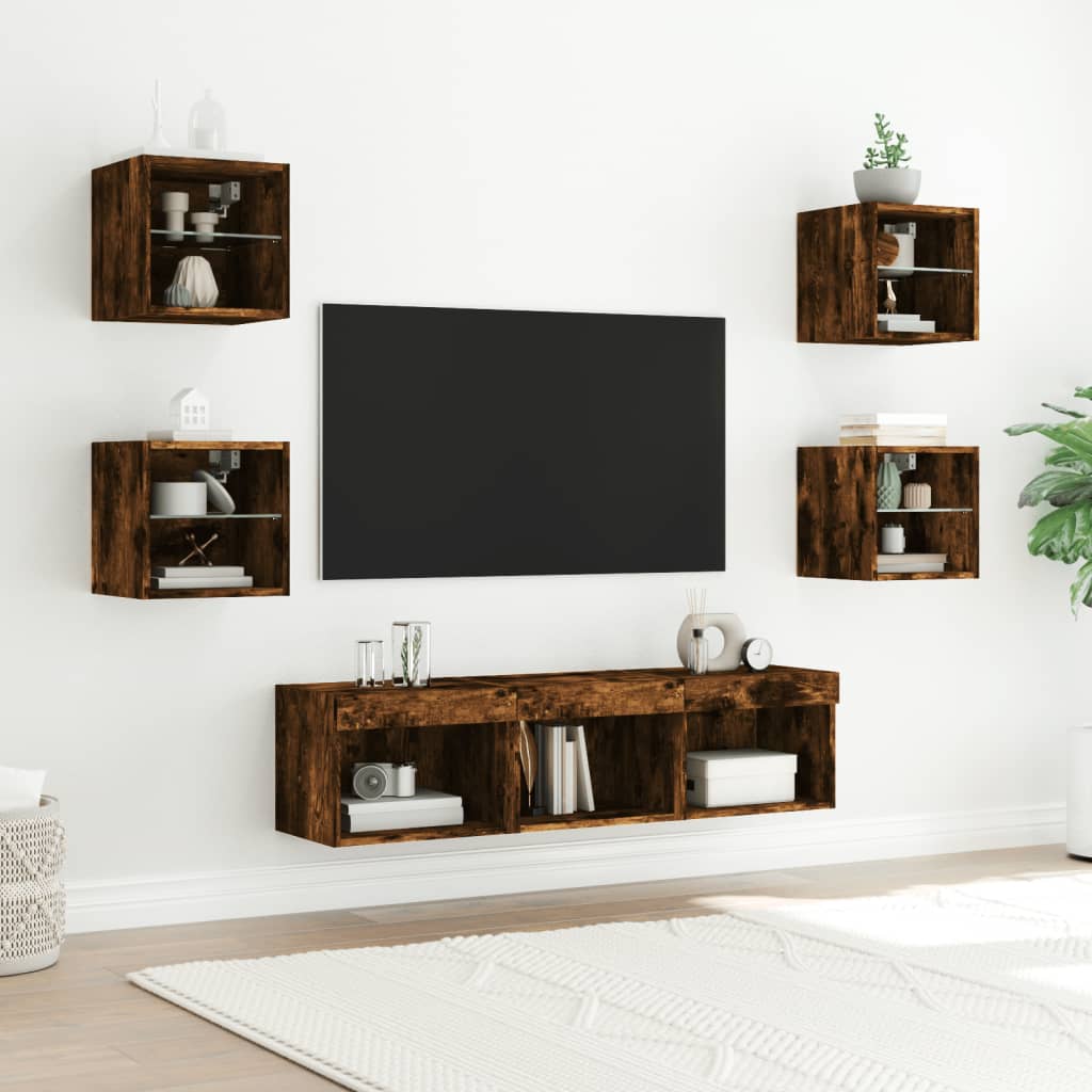 Mobili TV a Muro con LED 7pz Rovere Fumo in Legno Multistrato - homemem39