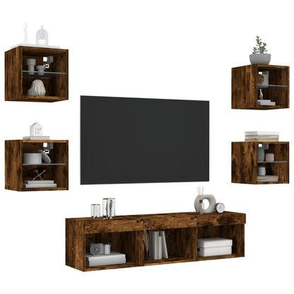 Mobili TV a Muro con LED 7pz Rovere Fumo in Legno Multistrato - homemem39