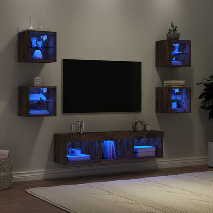 Mobili TV a Muro con LED 7pz Rovere Fumo in Legno Multistrato - homemem39