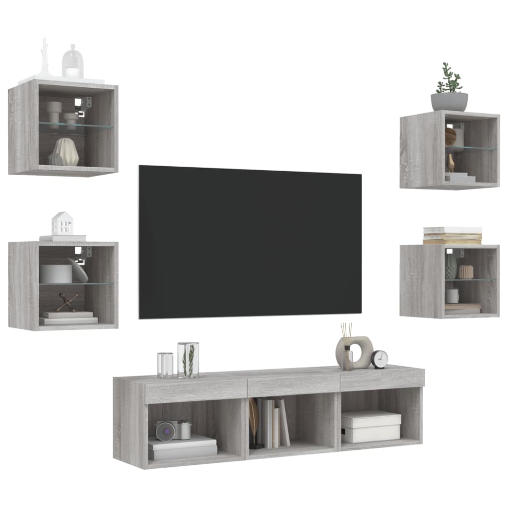 Mobili TV a Muro con LED 7pz Grigio Sonoma Legno Multistrato - homemem39