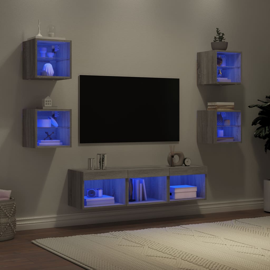 Mobili TV a Muro con LED 7pz Grigio Sonoma Legno Multistrato - homemem39