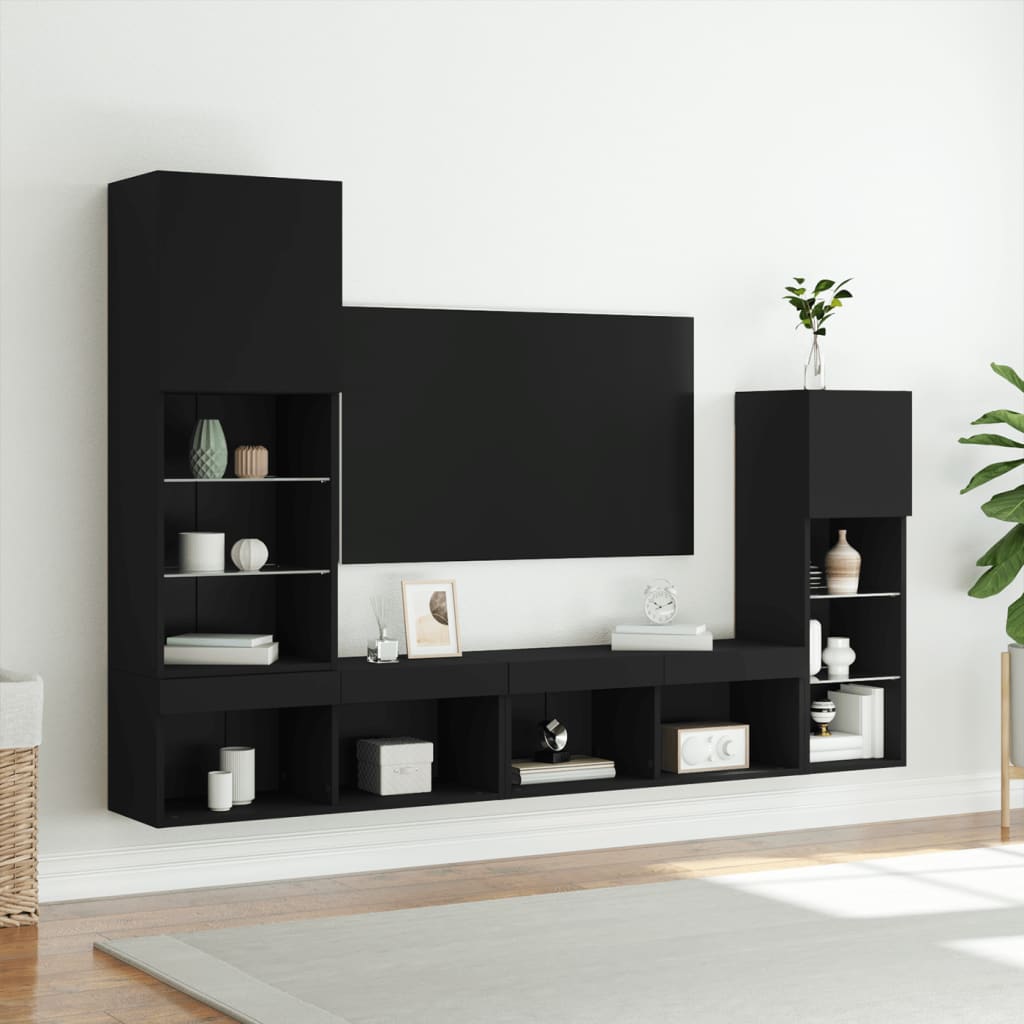 Mobili TV a Muro con LED 4pz Neri in Legno Multistrato - homemem39