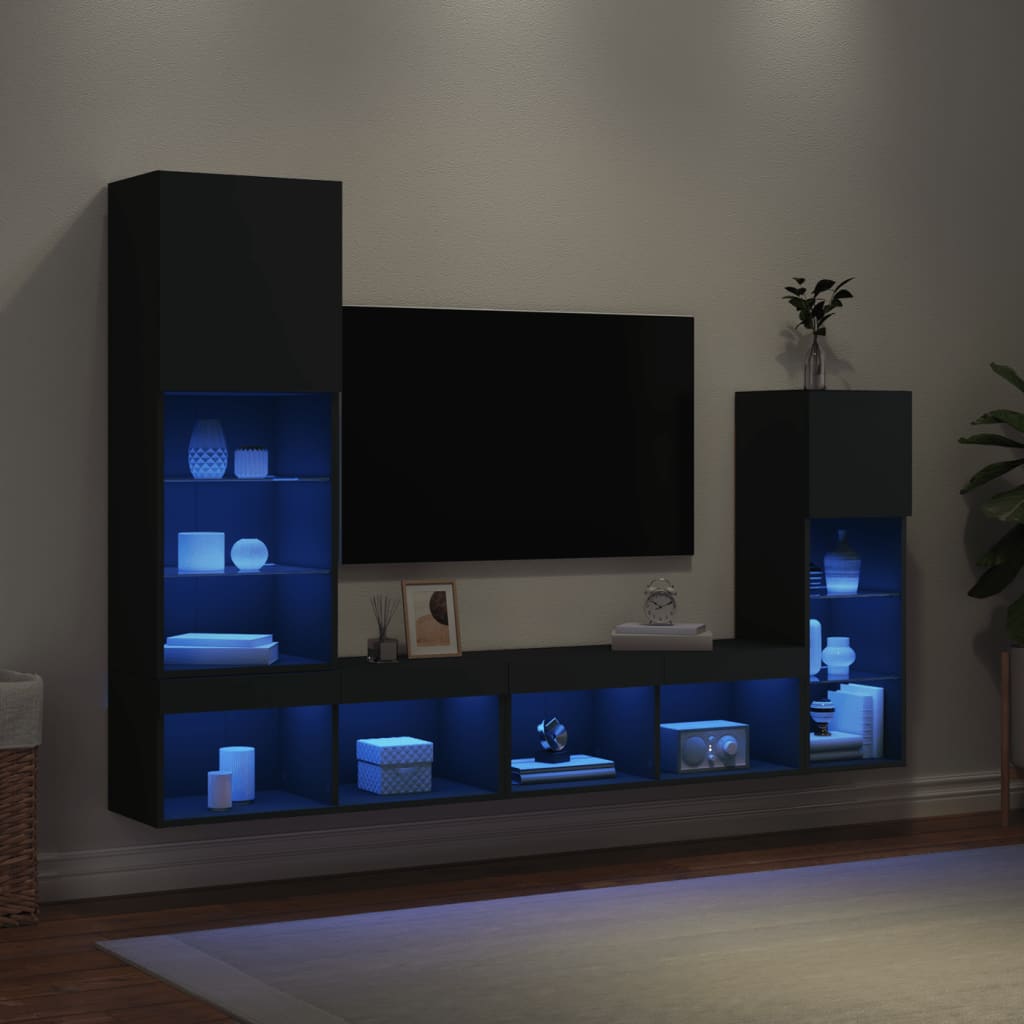 Mobili TV a Muro con LED 4pz Neri in Legno Multistrato