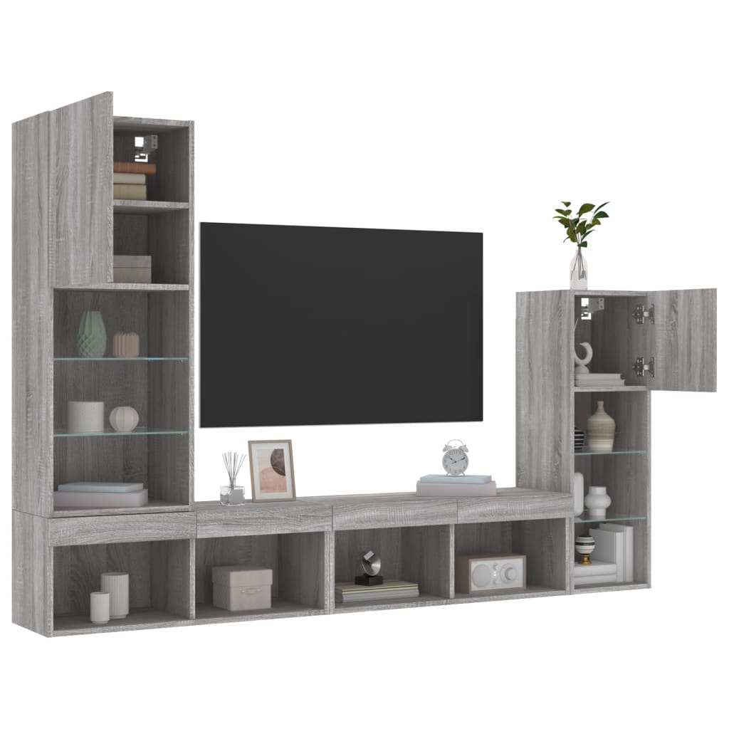 Mobili TV a Muro con LED 4pz Grigio Sonoma in Legno Multistrato - homemem39