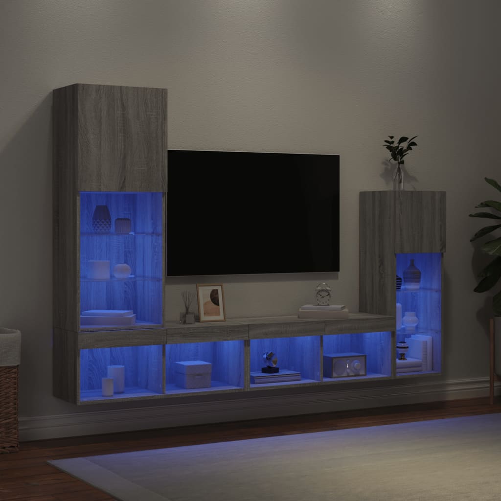 Mobili TV a Muro con LED 4pz Grigio Sonoma in Legno Multistrato